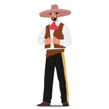 Meksikalı sakallı maço çizgi film karakteri ulusal halk kıyafetleri ve beyaz arka planda izole edilmiş sombrero şapkası giyiyor. Latin müziği ya da dans Etnik Karnaval katılımcı vektör illüstrasyonu