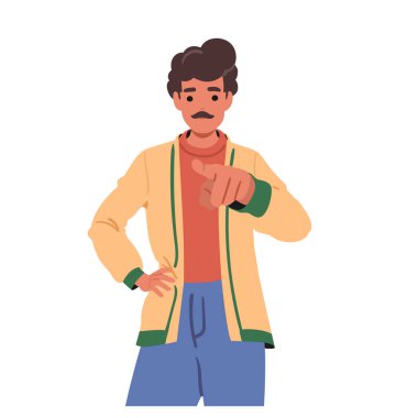 Yetişkin adam çizgi film karakteri işaret parmağı göstererek beyaza izole edilmiş bir seçim olduğunu gösteriyor. Kendine güveni tam, olgun bir adam sessiz bir seçim vektörü çizimi mesajı gönderiyor.