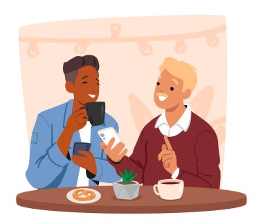 Baba ve yetişkin oğul kahve içiyor, sohbet ediyor ve birlikte kafe sahnesinde vakit geçiriyorlar. Kafeterya vektör illüstrasyonunda dinlenirken cep telefonu kullanarak internetten haberler hakkında konuşan iki kişi