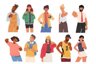 Pozitif gülümseyen çeşitli insanlar çizgi film karakterlerini işaret ederek, iyi bir işaret seti oluşturuyorlar. Erkek ve kadın ayakta duruyor ve temsil ediyor, iyi seçim vektörü illüstrasyonunu tavsiye ediyor veya işaret ediyor