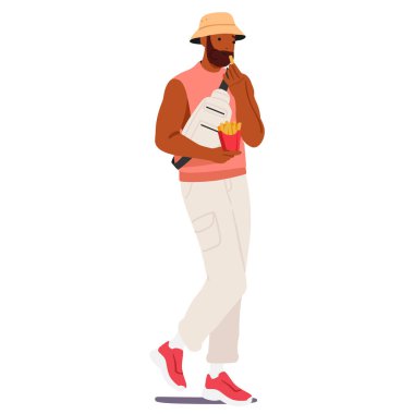 Tasasız moda hipster çocuk çizgi film karakteri beyaz arka planda izole edilmiş kutudan patates kızartması yiyordu. Gençler sağlıksız alışkanlıklar vektör gösterimi