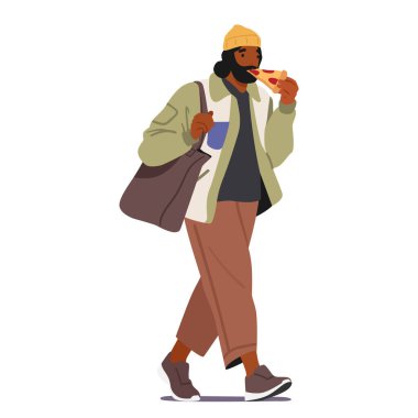 Sakallı, serbest hippi, çizgi film karakteri pizza yerken beyaz arka planda tek başına yürüyor. Vektör çizimi sırasında aç bir adam kahvaltı yapıyor.