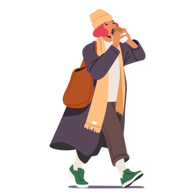 Genç kadın çizgi film karakteri beyaz arka planda izole edilmiş bir şekilde fast food yiyor. Yürüyen vektör illüstrasyonunda hamburger yiyen güzel bir genç kız. İnsanlar sağlıksız alışkanlıklar