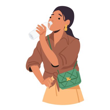 Genç, susamış kadın çizgi film karakteri beyaz arka planda izole bir şekilde dışarıda yürürken plastik şişeden temiz su içiyor. Vücut hidrasyonu ve sağlık vektörü illüstrasyonuyla ilgilenen insanlar