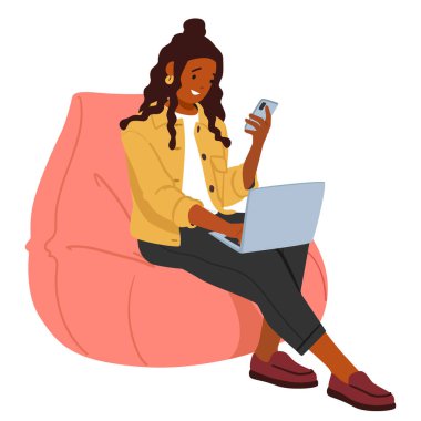 Genç, güzel bir kadın müzik yapımcısı. Laptop ve akıllı telefonla çalışan yaratıcı karakter. Modern teknolojileri, program yazılımlarını ve interneti kullanarak.