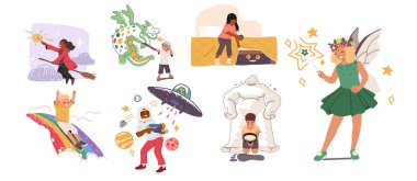 Çocuklar, kız çizgi film karakterlerinin yaratıcı hayal gücüne sahip olduğu hayaller kurarlar. Çocuklar büyülü dünyada hayal kurarak zaman geçiriyorlar. Eğlenceli bir eğlence vektör illüstrasyonunun tadını çıkarıyorlar.