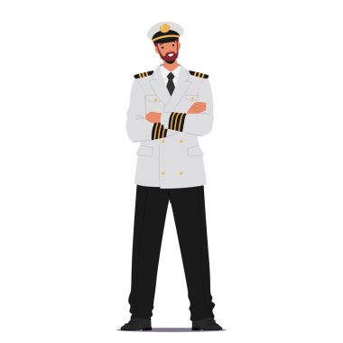 Cesur kaptan çizgi film kaptanı yolcu gemisi yolcu gemisi mürettebatı karakteri beyaz arka planda izole edilmiş şık üniforma giyiyor. Denizci gemisi komutanı, gülümseyen denizci subay vektör çizimi.