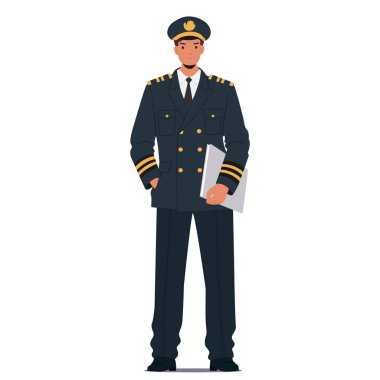 Erkek pilot çizgi film karakteri zarif üniforma giyiyor ve beyaz arka planda izole edilmiş bir şapka takıyor. Havacılık mesleği ve personel, uçak yolcu gemisi mürettebatı çizimi. Uçuş subayı portresi
