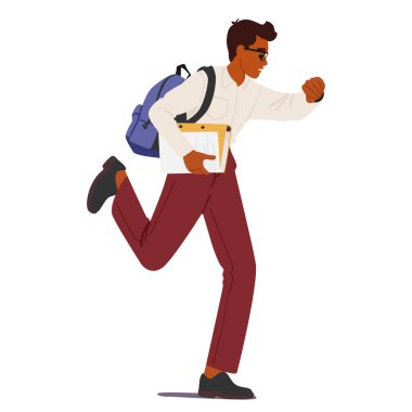 Ofis çalışanı çizgi film karakteri beyaz arka planda izole bir şekilde işe koşan kol saatine bakıyor. Acil işe koşan işadamı, son teslim tarihi vektör illüstrasyonuna geç kalıyor