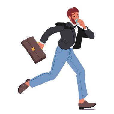 İş adamı çizgi film karakteri paniğe kapılmış ve aşırı uyumadan önce acele kahve içmenin ve işe geç kalmanın ya da beyaz arka planda izole edilmiş iş ya da iş görüşmesi temsilciliği illüstrasyonunun etkisinin altını çizmiş.