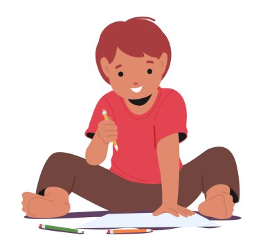 Heyecanlı çocuk çizgi film karakteri beyaz arka planda izole edilmiş kalemlerle resim çiziyor. Ev vektörü illüstrasyonunda eğlenen sevimli anaokulu çocuğu.