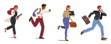 Gergin iş adamları çizgi film karakterleri günlük iş rutinlerinde çok çalışıyor, uyuyakaldıkları için toplantıyı kaçırıyorlar ya da son teslim tarihi olan vektör çizimlerine geç kalıyorlar.