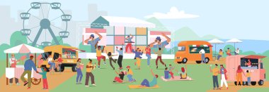 Parkta müzik festivali, canlı performansla açık hava konser karikatürü, ayrılan rahat insanlar, yemek kamyonları ve çadırlar, eğlence merkezleri vektör illüstrasyonları. Yaz tatili olayı