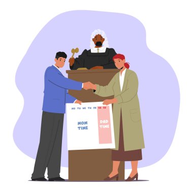 Boşanmış eşlerle ortak ebeveyn karikatür sahnesinin genel fikir birliğine varıldıktan sonra velayet anlaşması ve mahkeme vekil ilülasyonunda bakım zamanı planlaması ile ilgili davalar