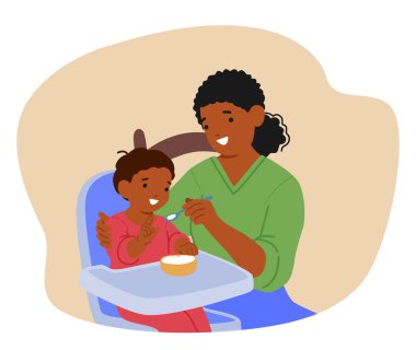 Anne karnını doyuran çocuk, küçük oğlan bebek koltuğu sahnesinde otururken aperatifle yemek yiyor. Mutlu Afro-Amerikan ailesi, çocukların büyümesi ve gelişimi, annelik vektörü çizimi