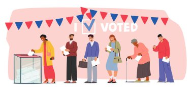 Seçim günü karikatür sahnesinde oy sandığına doldurmak için kağıt oy pusulaları taşıyan insanlar kuyrukta bekliyor. Bağımsızlık görüşü, referandum demokratik sistem vektör illüstrasyonu