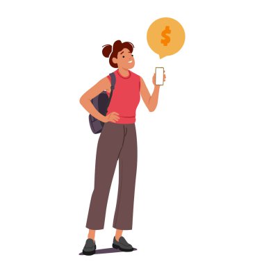 İnternet vektör illüstrasyonundan alışveriş yaparken cep telefonunu online ödeme için kullanan genç bir kadın çizgi film karakteri. Akıllı telefon aygıtı ekranı gösteren sıradan bir kadın beyaz arkaplanda izole edildi