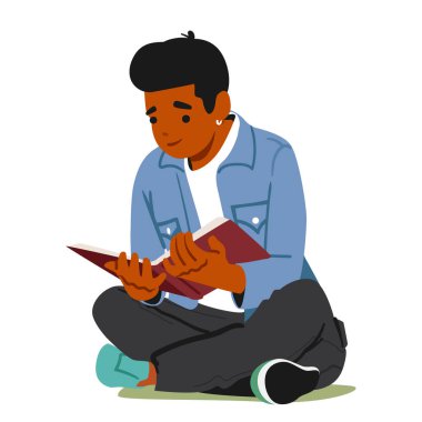 Genç öğrenci çocuk çizgi film karakteri okuma kitabı beyazların üzerinde izole bir şekilde oturuyor. Üniversite ya da üniversite vekil ilüstrasyonunda ders çalışmaktan zevk alan genç bir adam.