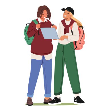 Mutlu gülümseyen öğrenci çizgi film karakterleri dizüstü bilgisayarda bilgi paylaşarak beyazlar üzerinde izole bir şekilde ayakta duruyorlar. Gençler mola sırasında sohbet ederken zaman vektörü çizimi yapıyorlar.