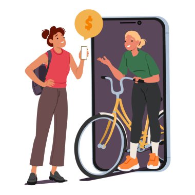 İnternetten bisiklet alan kadın müşteri, çevre dostu taşımacılık yapan kadın mobil uygulama karikatürüyle kullanılmış eşyalar. Çeşitli ikinci el mallar için internet bit pazarı vektör illüstrasyonu satıyor