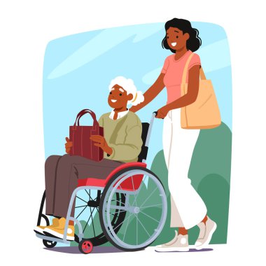 Dışarıda yürüyen yaşlı bir kadınla birlikte sosyal hizmetler görevlisi çizgi film için yardım sağlıyor. Tekerlekli sandalyede asistanlık, yaşlı bayana günlük rutin vektör ilüstrasyonunda yardım ediyor.