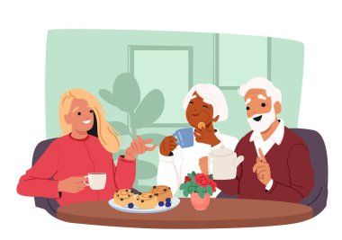 Sosyal hizmetler görevlisi yaşlı bir çiftle iletişim karikatürü sahnesinde yardım ve destek öneriyor. Mutlu bakıcı ve büyükanne ve büyükbaba yeme ve konuşma vektör illüstrasyonu