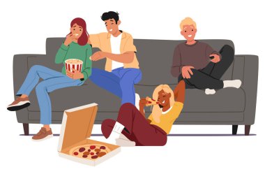 Mutlu çizgi film karakterleri birlikte fast food yiyerek beyaz arka planda izole edilmiş kanepe vektör illüstrasyonunda oturuyorlar. Gençler eğleniyor.