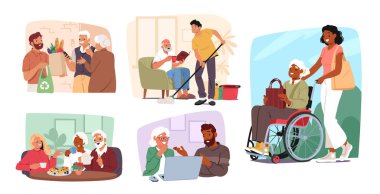 Sosyal hizmetler görevlisinin yaşlılara günlük rutin işlerinde yardım ettiği yaşlılar çizgi film seti. Bakıcılar yemek getiriyor, temizlik yapıyor, yürüyüşü destekliyor, teknoloji vektör illüstrasyonunu öğretiyor.