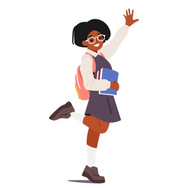 Gözlüklü sevimli inek öğrenci çizgi film karakteri. Üniforma giyiyor, kitap okuyor. Kollarını kaldırıyor. Kadın çocuk çalışma vektörü illüstrasyonuna bayılıyor