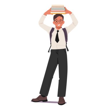 Komik inek öğrenci çizgi film karakteri, okul üniforması giyiyor, göz kırpıyor, beyazın üstünde izole edilmiş kitapların üzerine kitap yığıyor. Akıllı çocuk bilgi vektörü illüstrasyonundan gurur duyuyor