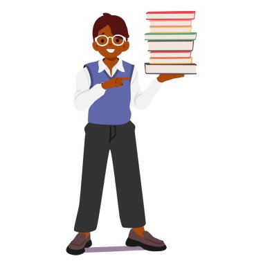 Gözlüklü sevimli inek öğrenci çizgi film karakteri, beyaza izole edilmiş kitap yığınını işaret ediyor. Erkek öğrenci kavrayış ve eğitim vektörü illüstrasyonunun keyfini çıkarıyor
