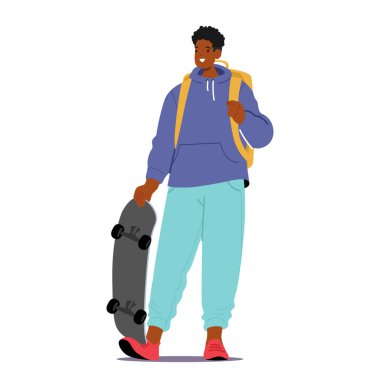 Beyaz arka planda sırtüstü duran kaykay ve sırt çantasıyla gülümseyen sıradan bir genç çizgi film karakteri. Genç patenci lise öğrencisi vektör çizimi. Havalı adam portresi
