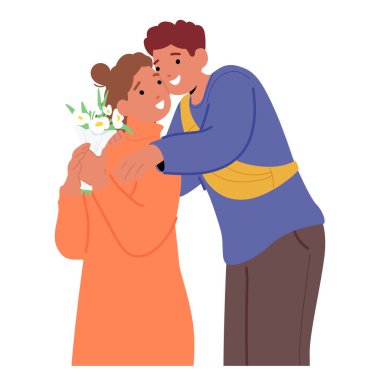 Mutlu sevgili sevgili sevgili çizgi film karakterleri beyaz arka planda izole edilmiş bir şekilde birbirlerine sarılıyorlar. Romantik ilişki vektörü illüstrasyonu sergileyen iki genç sevgili.