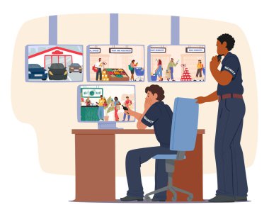 Marketteki güvenlik kameraları ürün kaybı ve hırsızlık önleme çizgi filmi sahnesi için güvenlik görevlileri tarafından gözetleniyor. Kamera ekran vektör illüstrasyonuna bakan iki memur