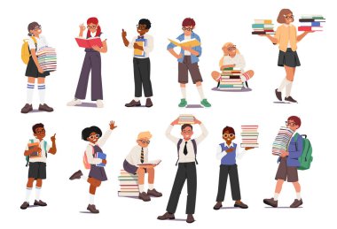 Zeki çocuklar beyaz arka planda izole edilmiş kitaplarla gözlük takan sevimli inek çizgi film karakterleri. Küçük çocuk kitap kurtları taşıyor, ders kitapları okuyor ve vektör illüstrasyonunu inceliyor.