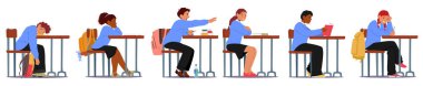 Okul çocuğu çizgi film karakterleri, okul ders vektör ilüstrasyonunda sıra sıra oturup ders çalışırlar. Motive olmuş heyecanlı öğrenciler ve masada ders çalışan tembel sıkılmış öğrenciler.
