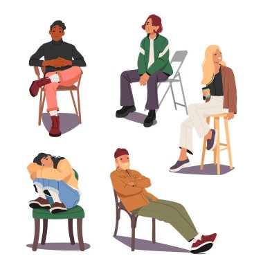 Rahat insanlar, çeşitli çizgi film karakterleri ev sandalyesinde oturuyor, bar taburesi beyaz arka planda izole edilmiş. Genç bir adam ve kadın dinleniyor, dinleniyor ve vektör çizimlerini sergiliyor.