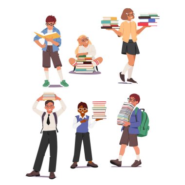 Zeki inek oğlanlar kız çizgi film karakterleri ders kitaplarıyla dil, bilim ve edebiyat öğrenme sürecinin tadını çıkarıyorlar. Tatlı çocuk eğitimi ve kitap severler vektör illüstrasyonu