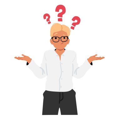 Kafası karışmış inek öğrenci çizgi film karakteri gözlüklü, kafası karışık işaretler atan, beyaz arka planda izole edilmiş eller. Zeki öğrenci vektör çiziminden kuşkuluyum.