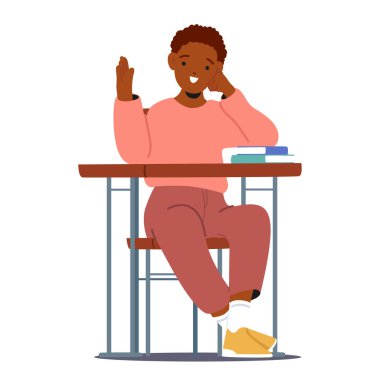 Zeki, neşeli öğrenci çizgi film karakteri beyaz arka planda tek başına otururken cevap vermek için elini kaldırıyor. Zeki öğrenci ve ilkokul eğitim süreci vektör çizimi