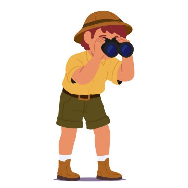 Üniformalı şirin, meraklı bir izci çizgi film karakteri dürbünle gözlem yapıyor. Beyaz arka planda izole edilmiş safari macera yolculuğu aktivite vektörü çiziminin keyfini çıkarıyor.