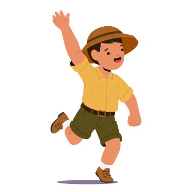 Mutlu çocuk izci çocuk çizgi film karakteri havada el kaldırarak koşuyor selam veriyor ya da beyaz arka planda izole edilmiş heyecan vektörü illüstrasyonunu hissediyor.