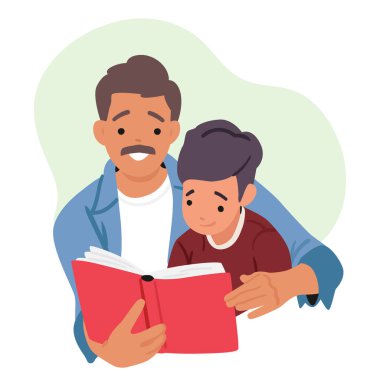 Aile portresi okuyoruz. Mutlu baba-oğul masal kitabı ve karikatür sahnesi tutuyor. Çocuk eğitimi ve geliştirme, ebeveynlik ve ev aktivitesi barışçıl zaman vektörü çizimi