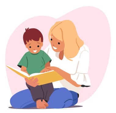 Genç anne, küçük oğluyla kitap okuyor ve günlük ev eğitimi aktivitelerinin çizgi filmlerinin keyfini çıkarıyor. Mutlu aile sükuneti, ebeveynlik ve çocukluk çizimi.