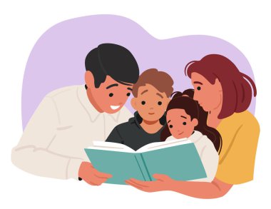 Mutlu aile masal kitaplarını birlikte okumaktan zevk alıyor. Hobi aktiviteleri karikatür portresi yapıyorlar. Anne ve babanın oğlu, kızın zevk zamanı vektör çizimi. Yetiştirme kavramı