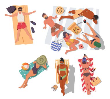 İnsanlar plajda tatil vektör çizimi sırasında tropikal tatil beldelerinde güneşlenerek güneşleniyorlar. Arkadaş grubu, bekar erkek ve kadın güneş yanığı oluyorlar.