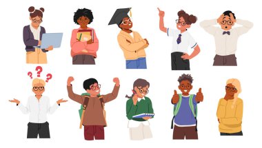 Gözlüklü zeki inek öğrenci farklı duygular ve izole edilmiş jestler sergiliyor. Komik komedi öğrencileri düşünür, beyin fırtınası yapar, fikir üretir, vektör çizimlerine sevinir.