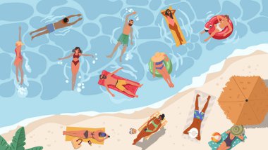 Çeşitli turist karakterleri, tropikal deniz sahnesi karikatür sahnesinde yaz tatilinin keyfini çıkarıyorlar. Egzotik ada tatil beldesi illüstrasyonunda deniz kenarında tatil aktivitesi