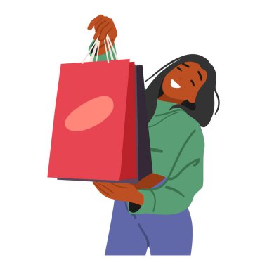 Genç gülümseyen kadın müşteri çizgi film karakteri beyaz arka planda izole edilmiş alışveriş torbaları sergiliyor. Genç kız en iyi çeşitliliği ve indirimli vektör illüstrasyonunu tanıtıyor.