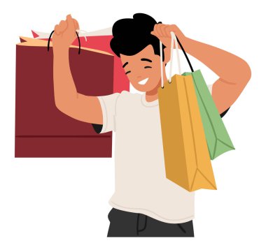 Genç neşeli çocuk çizgi film karakteri beyaz arka planda izole edilmiş, sezonluk indirimin ve indirimin keyfini çıkararak kağıt alışveriş torbaları yetiştiriyor. Çılgın ergen alışveriş kolik vektör çizimi